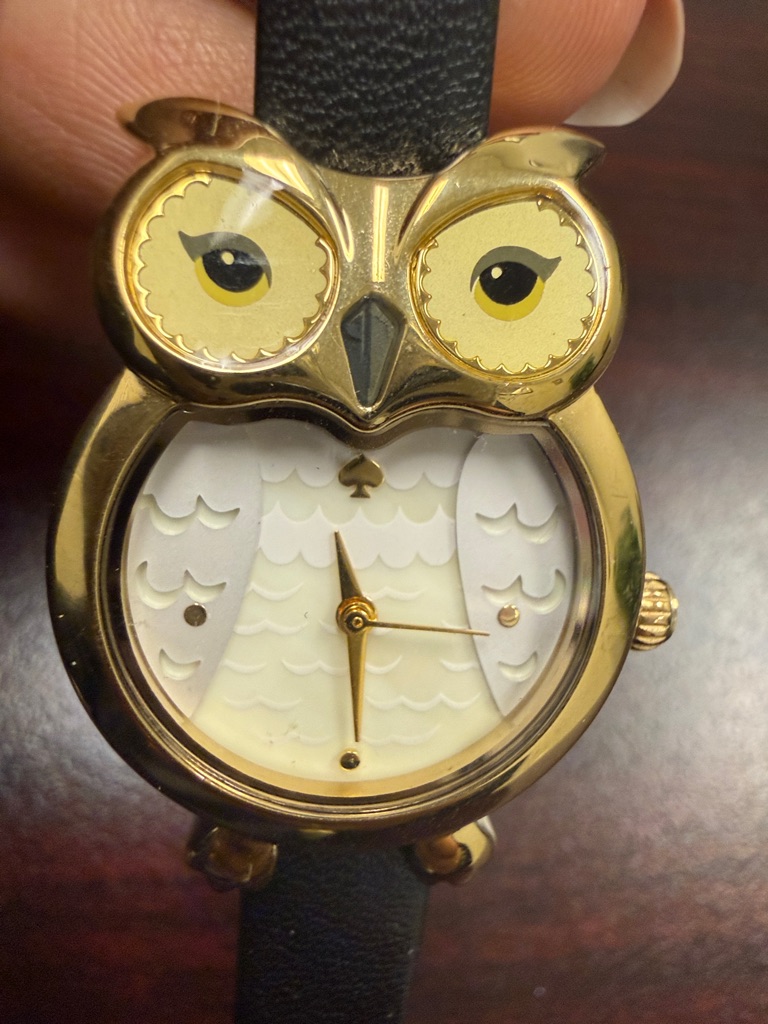 Gold Owl Face Watch With Black Leather Strap